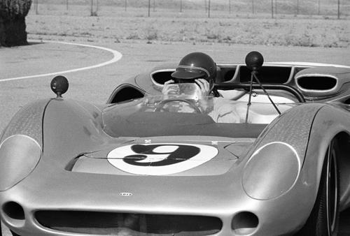 Steve McQueen and his Lola at Riverside Raceway in Riverside, California