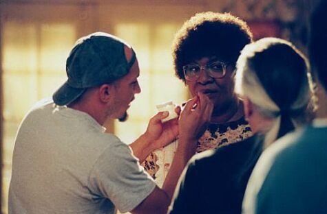 Rick Baker and assistant touch up Eddie Murphy's Mother Klump make-up