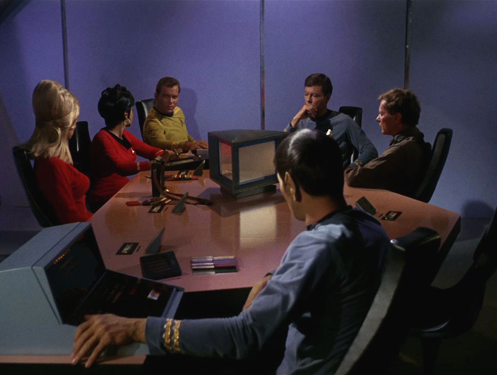 Still of Leonard Nimoy, William Shatner, DeForest Kelley, Grace Lee, Nichelle Nichols, Alfred Ryder and Lee Whitney in Star Trek (1966)