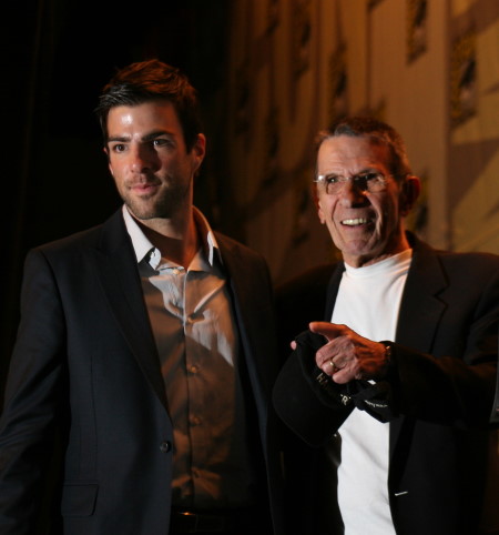 Leonard Nimoy and Zachary Quinto, two generations of Spock, exiting the Star Trek panel