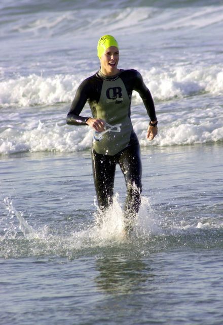 Alexandra at the Malibu Triathlon, September 17, 2000, winning in the female celebrity division
