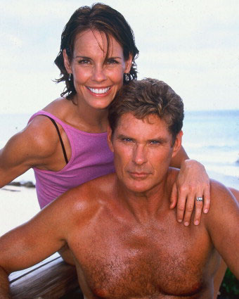 Alexandra Paul with David Hasselhoff on the set of Baywatch Hawaiian Wedding 2002