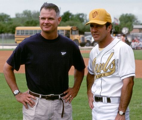 Dennis Quaid (right) picks up a few pointers from Jim Morris (left), upon whose life the story of 