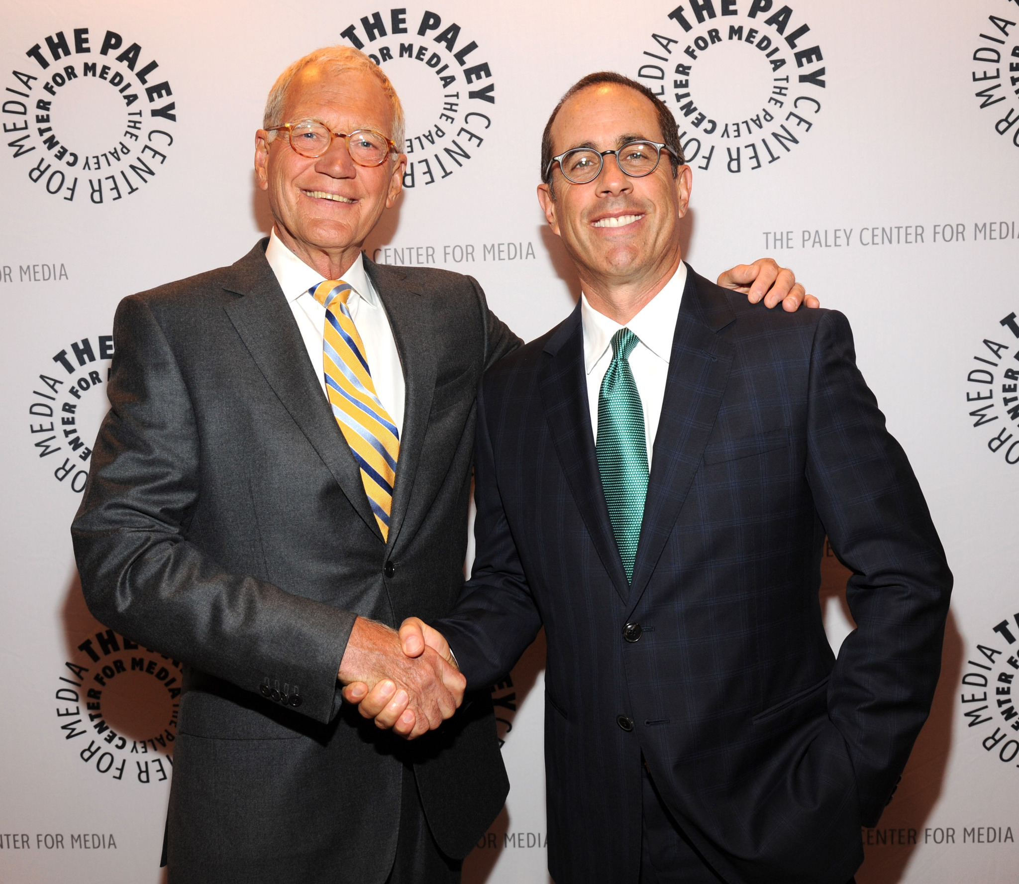 David Letterman and Jerry Seinfeld backstage before they discuss Crackle's Comedians in Cars Getting Coffee at The Paley Center For Media on June 9, 2014 in New York City.