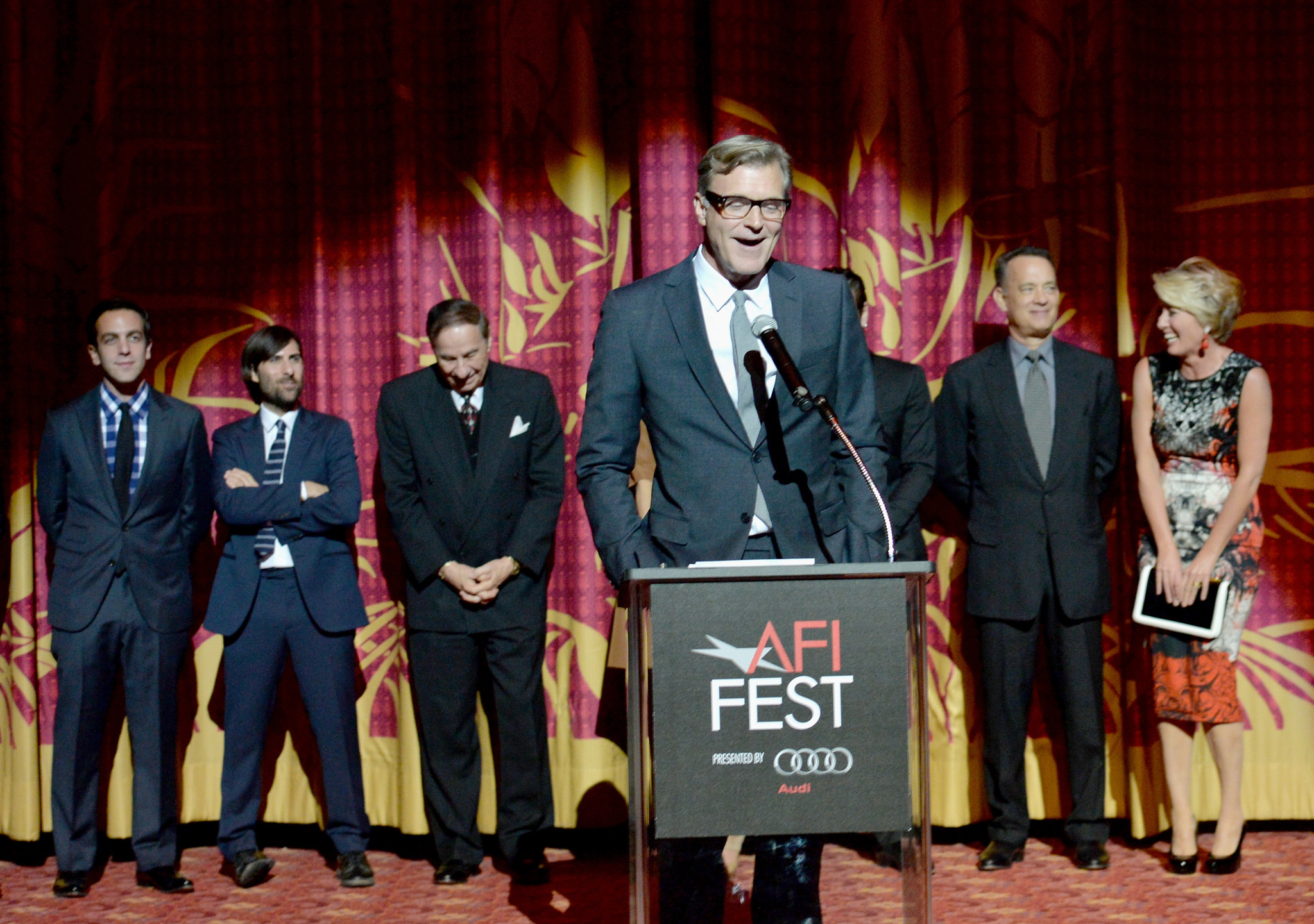 Tom Hanks, Emma Thompson, Jason Schwartzman, Colin Farrell, John Lee Hancock, Richard Sherman and B.J. Novak at event of Isgelbeti pona Benksa (2013)