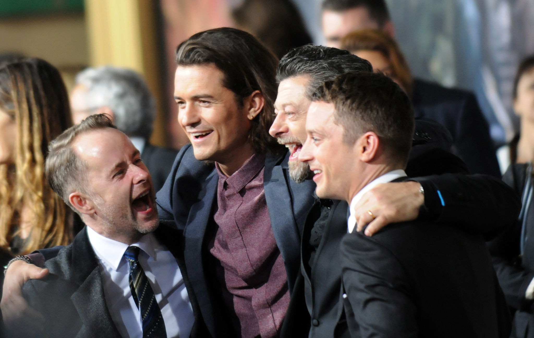 Elijah Wood, Orlando Bloom, Billy Boyd and Andy Serkis at event of Hobitas: Penkiu armiju musis (2014)