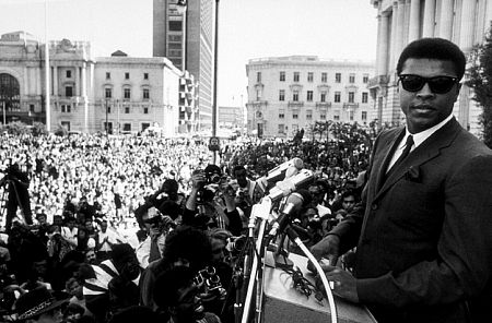 Muhammad Ali at a peace rally, 1968.