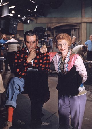 Lucille Ball with Desi Arnaz on the Desilu set, c. 1957.