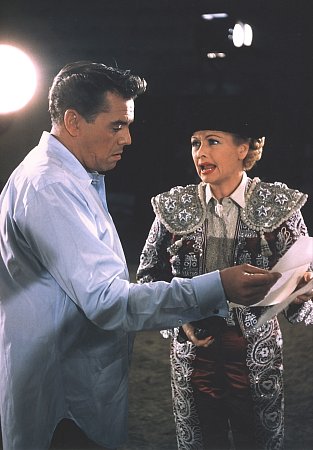 Lucille Ball with Desi Arnaz on the Desilu set, c. 1957.