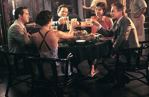 Still of Michael Douglas, Albert Brooks, Ryan Reynolds, Lindsay Sloane and Maria Ricossa in The In-Laws (2003)