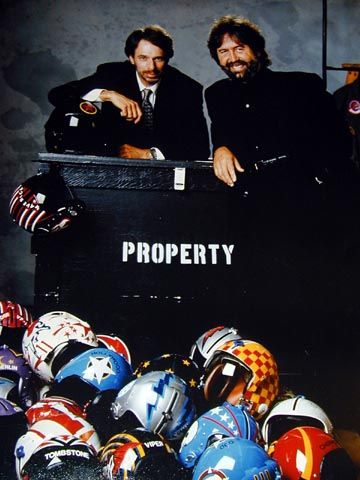 Jerry Bruckheimer and Don Simpson with fighter helmets from 