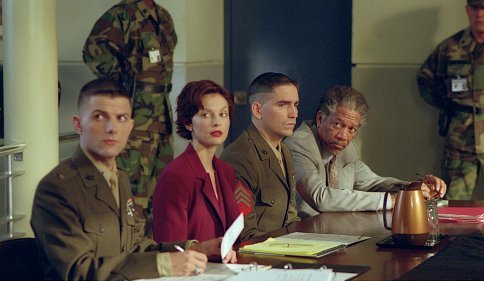 (l-r) Military attorney Embry (ADAM SCOTT), lawyer Claire Kubik (ASHLEY JUDD), her defendant husband Tom (JIM CAVIEZEL) and 