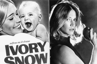Marilyn Chambers shown on package of Ivory Snow (at left) in 1970, and in a publicity photo (at right) in 1973