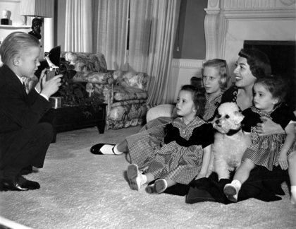 Joan Crawford at home in Los Angeles with her adopeted children Cindy, Cathy, Christopher and Christina C. 1949