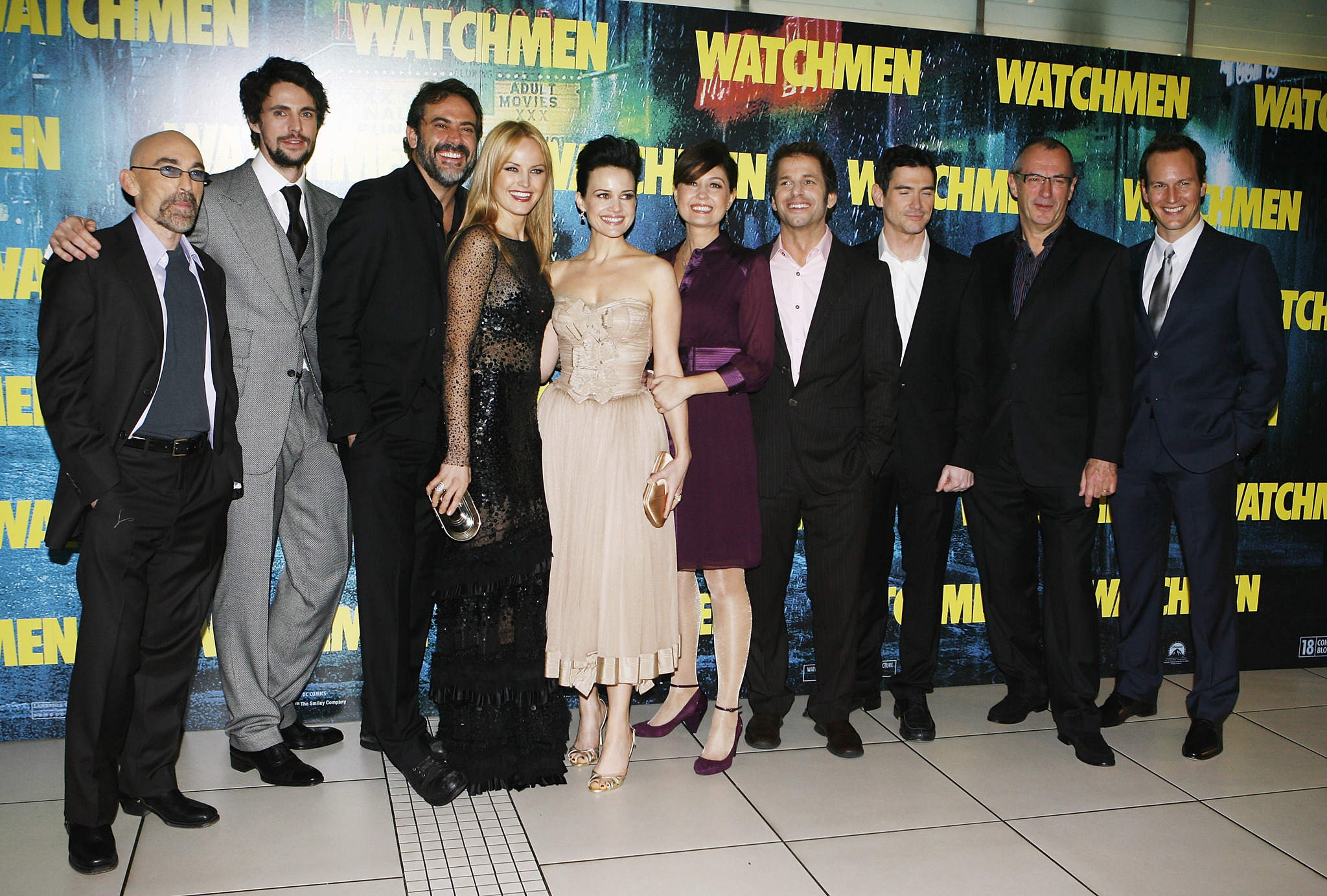 Billy Crudup, Carla Gugino, Malin Akerman, Matthew Goode, Jackie Earle Haley, Jeffrey Dean Morgan, Zack Snyder and Patrick Wilson at event of Watchmen (2009)