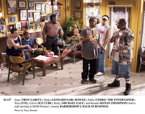 Still of Ice Cube, Troy Garity, Cedric the Entertainer, Kenan Thompson, Michael Ealy, Eve and Leonard Earl Howze in Barbershop 2: Back in Business (2004)