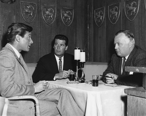 Efrem Zimbalist Jr., James Garner and James Bacon chat while waiting for a scene to be set up for 