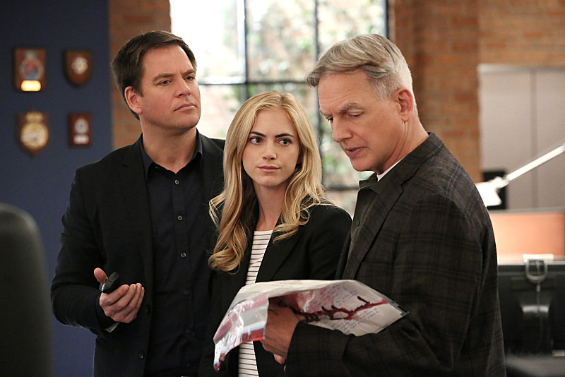 Still of Mark Harmon, Michael Weatherly and Emily Wickersham in NCIS: Naval Criminal Investigative Service (2003)