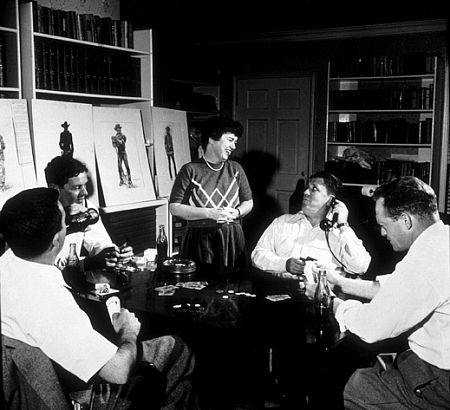 George Stevens with his wife and Van Heflin at home, 1953.