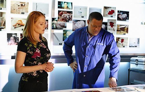 Still of Laurence Fishburne and Marg Helgenberger in CSI kriminalistai (2000)