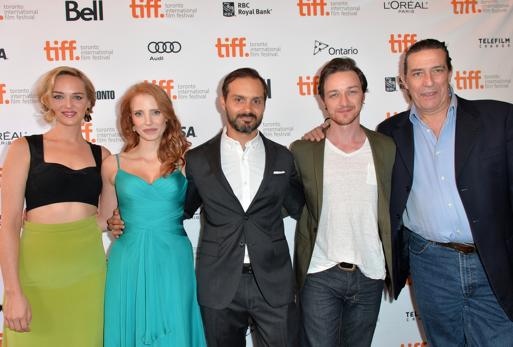 Ciarán Hinds, Ned Benson, James McAvoy, Jess Weixler and Jessica Chastain at event of The Disappearance of Eleanor Rigby: Him (2013)