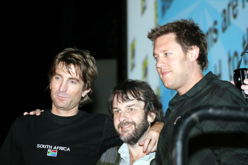(L-R) Lead actor Sharlto Copley, producer Peter Jackson, director Neill Blomkamp after the panel for District 9