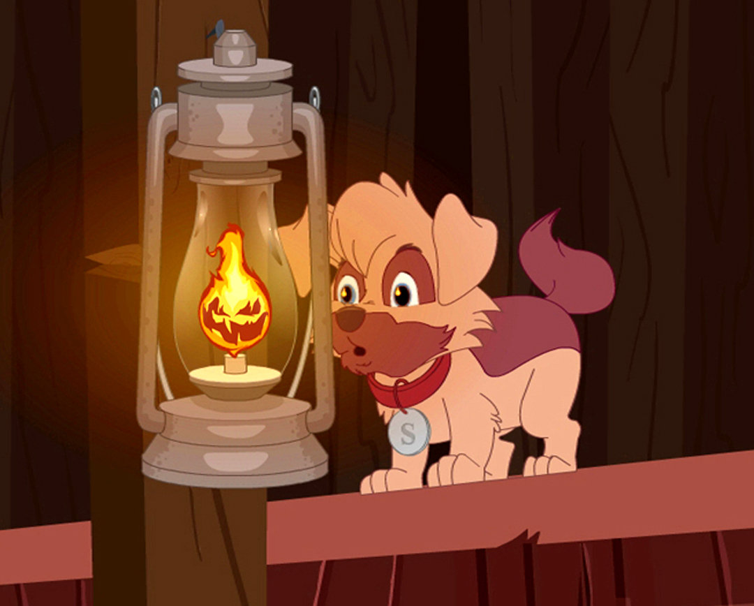 The character of Scout (Voiced by William Katt) looks into the face of the evil fire that will change his life forever.