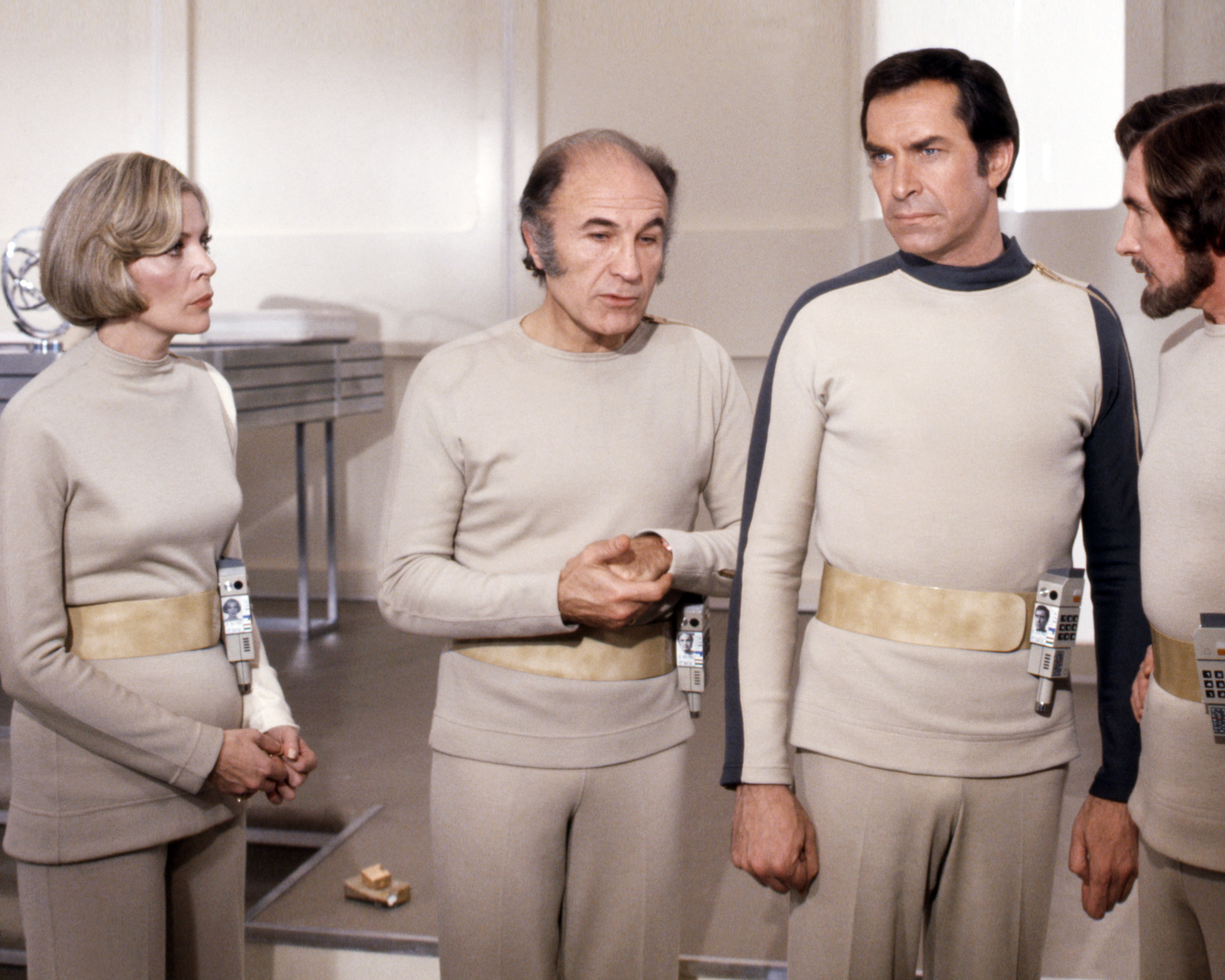 Still of Barbara Bain, Martin Landau, Roy Dotrice and Barry Morse in Space: 1999 (1975)
