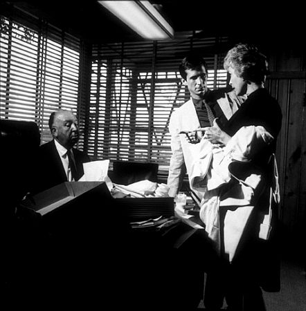 Anthony Perkins with Alfred Hitchcock and Janet Leigh at Universal Studios, 1959.