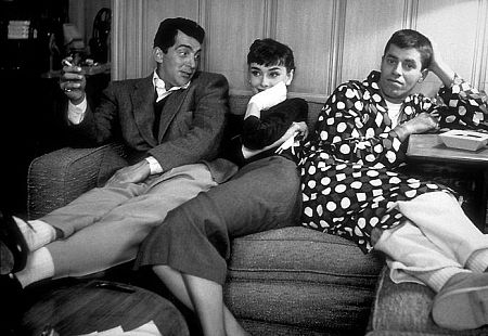 33-2342 Audrey Hepburn meets Dean Martin and Jerry Lewis in their dressing room at Paramount