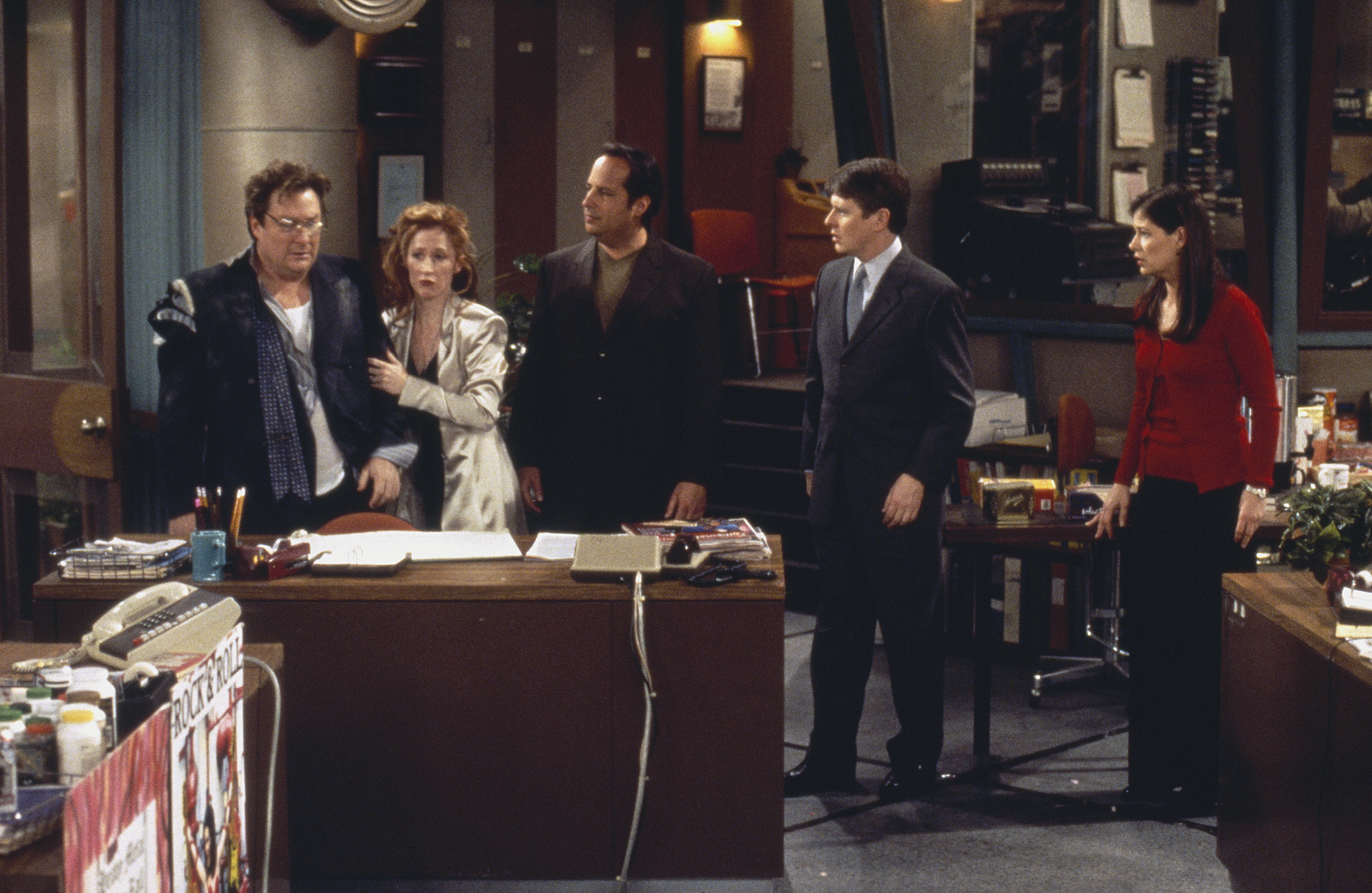 Still of Jon Lovitz, Dave Foley, Maura Tierney, Vicki Lewis and Stephen Root in NewsRadio (1995)