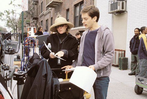 Producer LAURA ZISKIN and star TOBEY MAGUIRE discuss a scene on the set of Columbia Pictures' action adventure SPIDER-MAN.