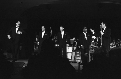 Dean Martin, Frank Sinatra, Peter Lawford, Sammy Davis Jr. and Joey Bishop performing in the Copa Room at the Sands Hotel in Las Vegas
