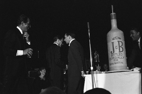 Dean Martin, Frank Sinatra, Joey Bishop and Peter Lawford performing at the Sands Hotel in Las Vegas