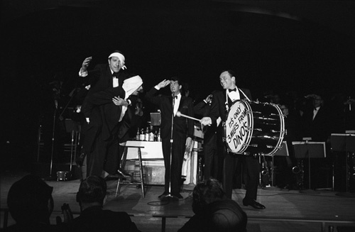 Buddy Lester, Joey Bishop, Dean Martin and Frank Sinatra performing in the Copa Room at the Sands Hotel in Las Vegas