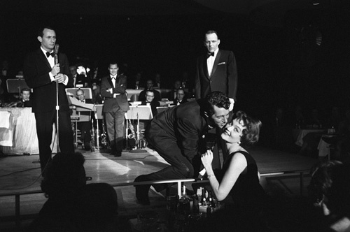 Joey Bishop, Dean Martin and Frank Sinatra performing in the Copa Room at the Sands Hotel in Las Vegas