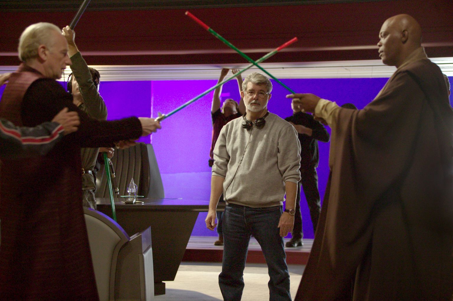 Samuel L. Jackson, George Lucas and Ian McDiarmid in Zvaigzdziu karai. Situ kerstas (2005)