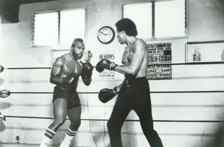 Mr. T and Leon Isaac Kennedy spar in preparation for a boxing match in 