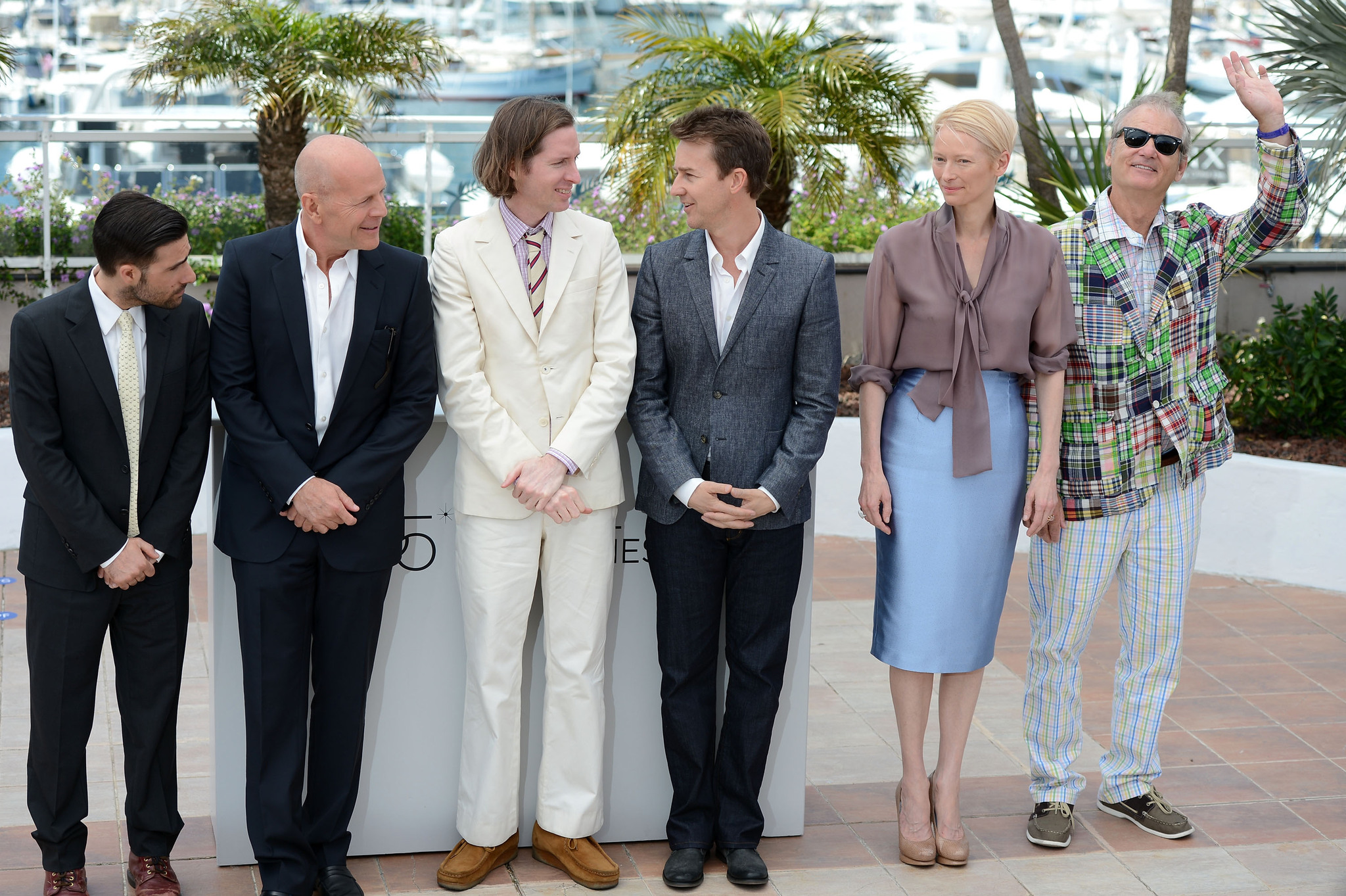 Bill Murray, Bruce Willis, Edward Norton, Jason Schwartzman, Wes Anderson and Tilda Swinton at event of Menesienos karalyste (2012)