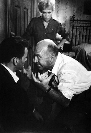 Frank Sinatra, Otto Preminger, and Kim Novak on the set of 