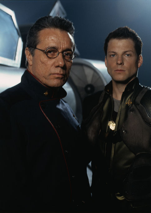 Edward James Olmos and Jamie Bamber in Battlestar Galactica (2003)