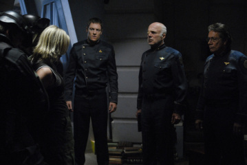 Still of Edward James Olmos, Michael Hogan, Tahmoh Penikett and Katee Sackhoff in Battlestar Galactica (2004)