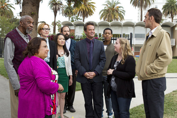 Still of Matthew Perry, Bill Cobbs, Suzy Nakamura, Julie White, Brett Gelman, Seth Morris, Tonita Castro and Tyler James Williams in Go On: There's No 'Ryan' in Team (2012)