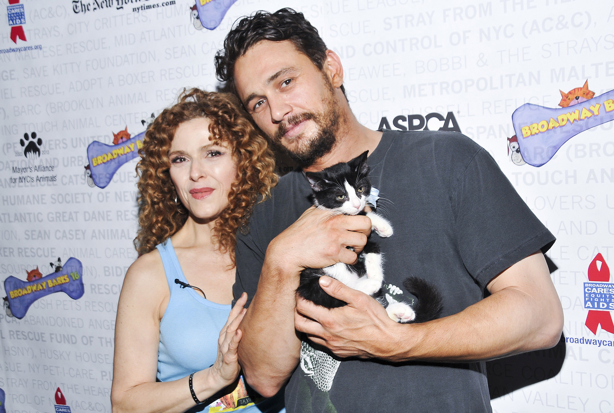Bernadette Peters, James Franco and kitten Totes Magotes attend Broadway Barks 16 at Shubert Alley on July 12, 2014 in New York City.