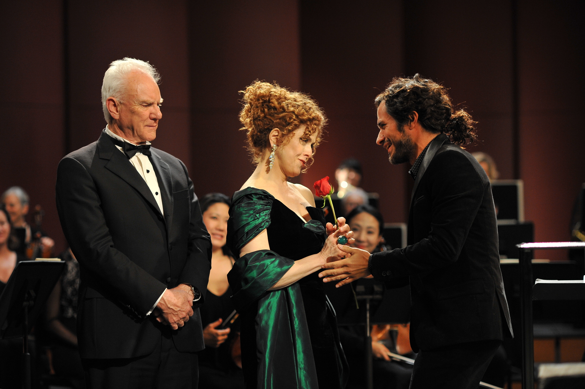 Still of Malcolm McDowell, Bernadette Peters and Gael García Bernal in Mozart in the Jungle (2014)