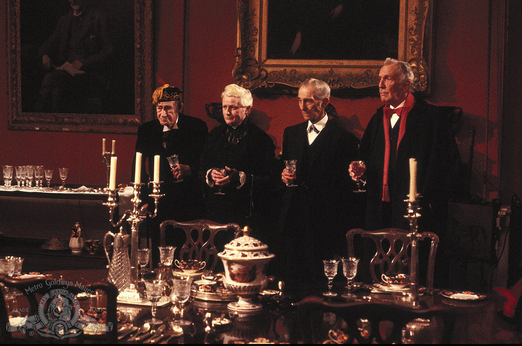 Still of John Carradine, Peter Cushing, Vincent Price and Sheila Keith in House of the Long Shadows (1983)