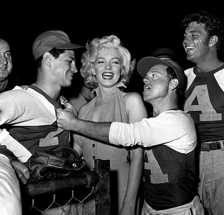 Marilyn Monroe with Art Aragon, Mickey Rooney,, & Dale Robertson at Hollywood Entertainers Baseball Game, c. 1952.