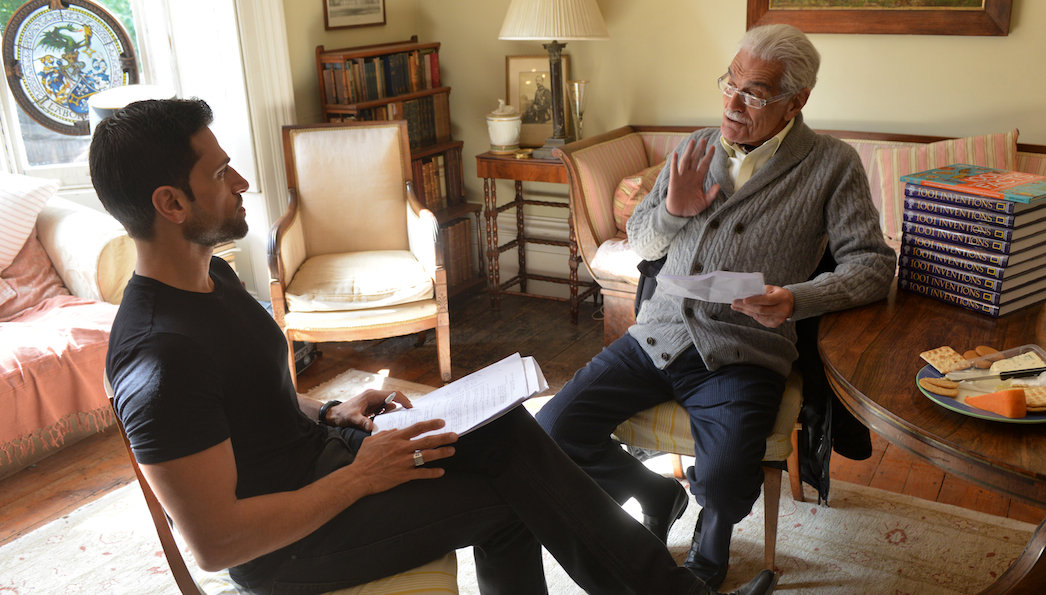 Director and Producer Ahmed Salim working on script with actor Omar Sharif on the set of 1001 Inventions and the World of Ibn Al-Haytham.