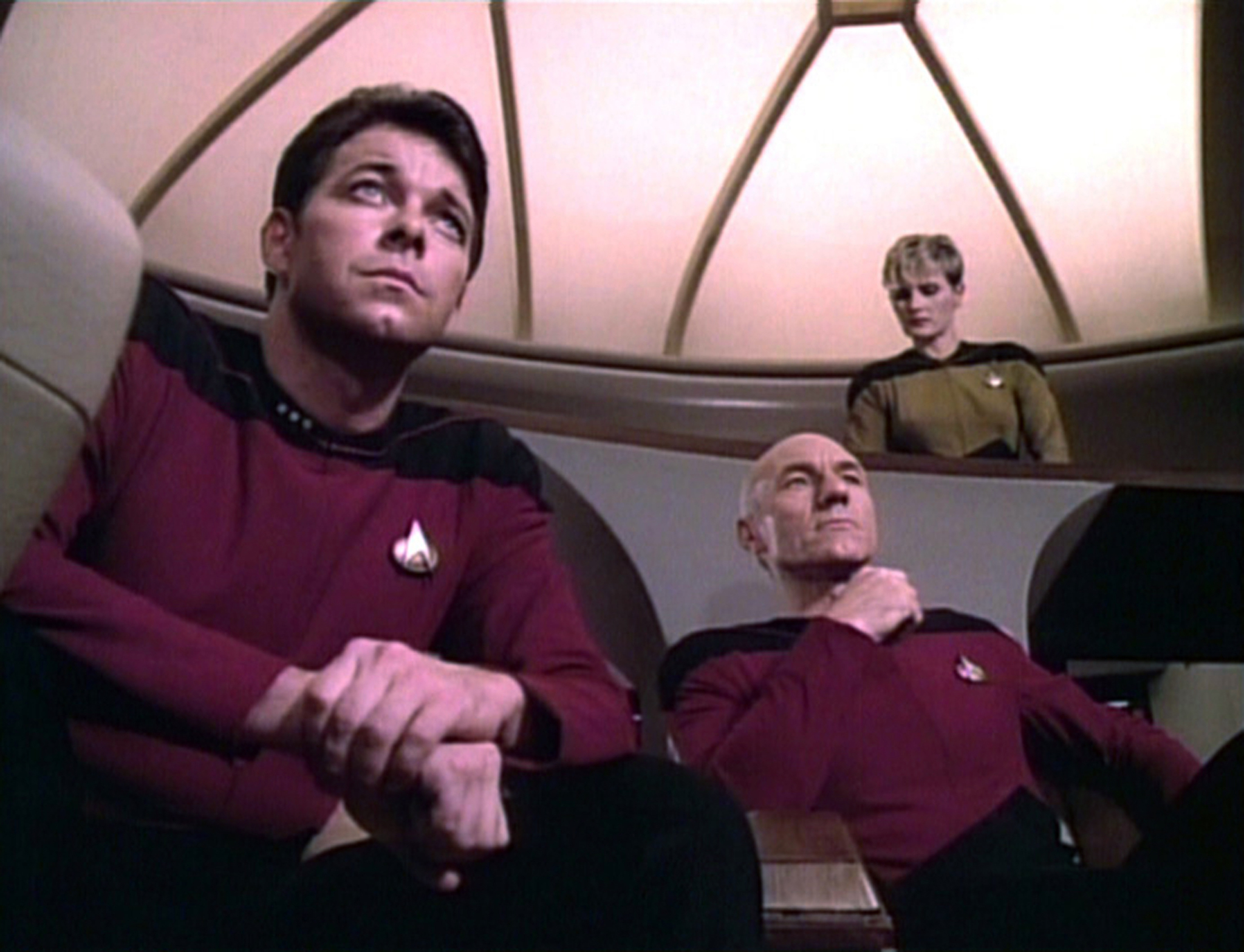 Still of Denise Crosby, Jonathan Frakes and Patrick Stewart in Star Trek: The Next Generation (1987)