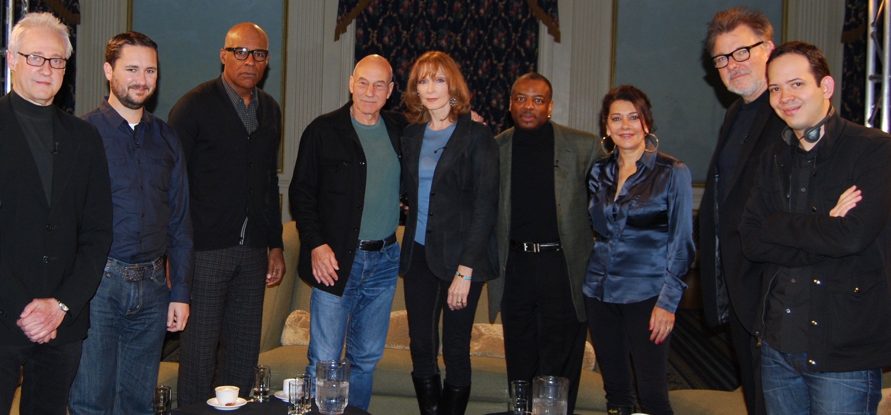 Brent Spiner, Wil Wheaton, Michael Dorn, Patrick Stewart, Gates McFadden, Levar Burton, Marina Sirtis, Jonathan Frakes, and producer Roger Lay, Jr on set during filming of Reunification - 25 Years After Star Trek: The Next Generation. (April 2012, Calgary)